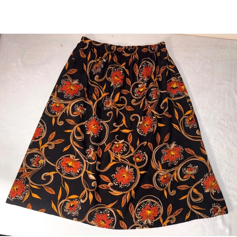 VTG Nikki Women Floral Scroll Print Midi Skirt Black Orange Elastic Waist‎ L